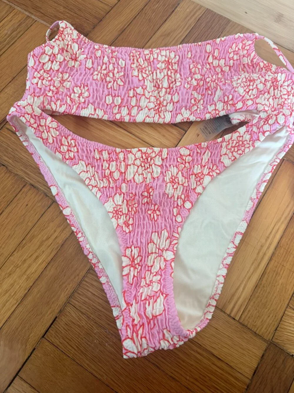 TRIANGL Pink Floral Smocked Bikini Set Medium (Includes Bag)